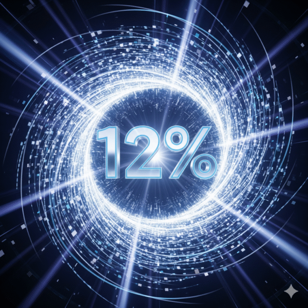 Un gran número '12%' brillante, metálico y con efecto de luz, en el centro de un vórtice de luz azul y blanca que se expande hacia afuera en un espacio digital oscuro. La imagen simboliza un impacto poderoso y un gran descuento.