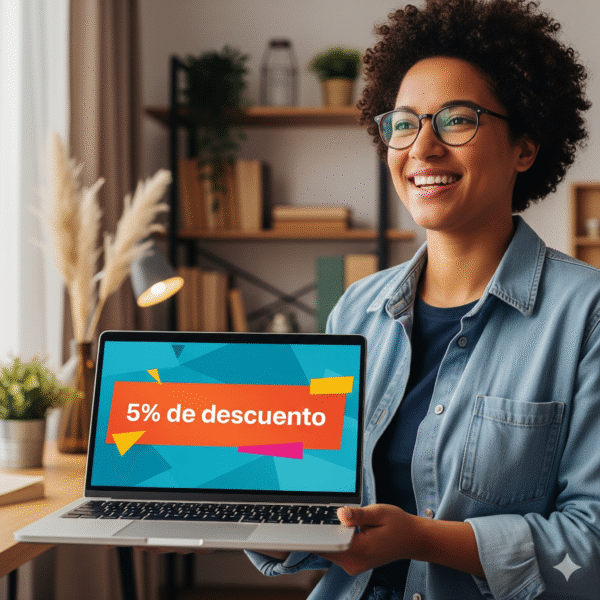 Una mujer sonriente y profesional sostiene una laptop que muestra un banner grande con el texto '5% de descuento' sobre un fondo azul y naranja con formas geométricas. La mujer está en un entorno de oficina. La imagen simboliza una oferta real y un beneficio directo para el cliente.