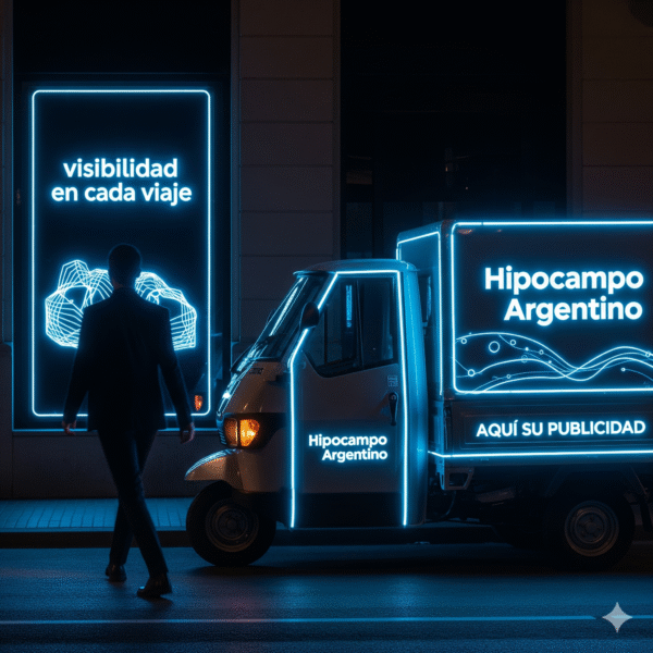 Una 'MotoCargo' de color blanco, iluminada con luces de neón azules, está estacionada en la noche. Un texto flotante de neón en el costado dice 'Hipocampo Argentino' y debajo 'AQUÍ SU PUBLICIDAD'. Un hombre camina por la calle y un letrero vertical de neón dice 'visibilidad en cada viaje'. La imagen simboliza la publicidad móvil.