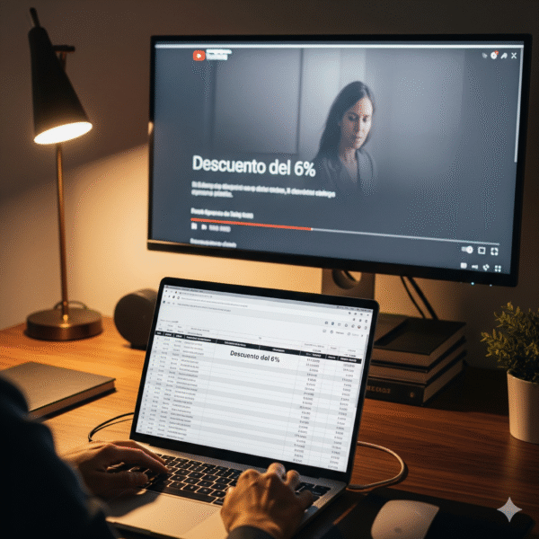Una persona trabaja en una laptop que muestra una planilla con un 'Descuento del 6%'. Al mismo tiempo, en un monitor más grande, se reproduce un video de YouTube con un subtítulo. La escena representa la conexión entre tu trabajo y tu beneficio tangible.
