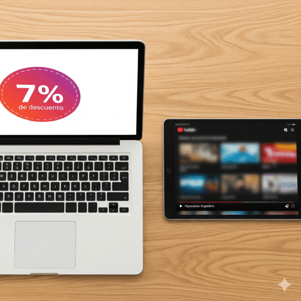 Una laptop y una tablet están sobre un escritorio de madera. La pantalla de la laptop muestra un distintivo con un 7% de descuento. La tablet muestra la interfaz de YouTube con el canal de Hipocampo Argentino. La imagen simboliza la combinación de visibilidad digital y un beneficio económico tangible.