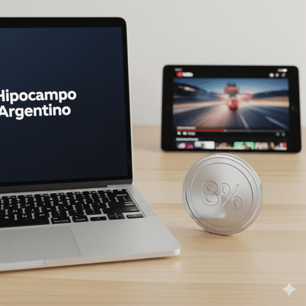 Una laptop abierta con el nombre 'Hipocampo Argentino' en la pantalla, una moneda de plata con un '8%' en relieve y una tablet reproduciendo un video de YouTube. El conjunto está sobre un escritorio de madera. La imagen simboliza una combinación de marca, descuento y visibilidad.