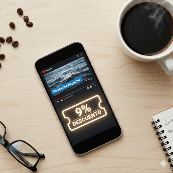 Una vista desde arriba de un escritorio con un café y granos de café. Un smartphone muestra la interfaz de YouTube con el canal de 'Hipocampo Argentino', y un cupón digital brillante con un '9% de descuento' flota en la pantalla. La imagen simboliza un beneficio tangible en el mundo digital.