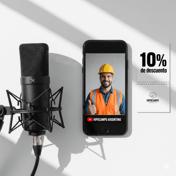 Un teléfono móvil en primer plano muestra la pantalla del canal de YouTube de 'Hipocampo Argentino' con la foto de un trabajador. Junto al teléfono, hay un micrófono de estudio y, en segundo plano, un cupón de descuento con un 10%. La imagen simboliza la conexión entre la visibilidad en YouTube, el patrocinio y un beneficio tangible.
