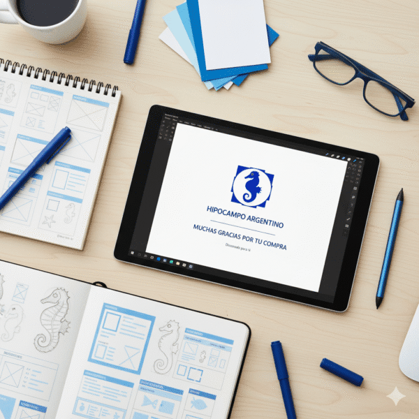 Una tablet en un escritorio muestra una tarjeta digital personalizada con el logo de 'Hipocampo Argentino' y el texto 'Muchas gracias por tu compra'. Alrededor, hay cuadernos de bocetos con diseños del logo, lapiceras, y una taza de café, lo que simboliza un proceso de diseño profesional.