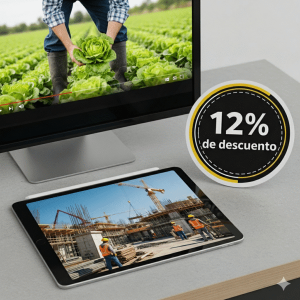 Una tableta y un monitor de computadora en un escritorio gris. La tableta muestra una imagen de construcción. El monitor muestra un video de una granja. A la derecha, un emblema circular en blanco y negro con el texto '12% de descuento' resalta sobre el fondo. La imagen simboliza una recompensa por un patrocinio de alto valor.