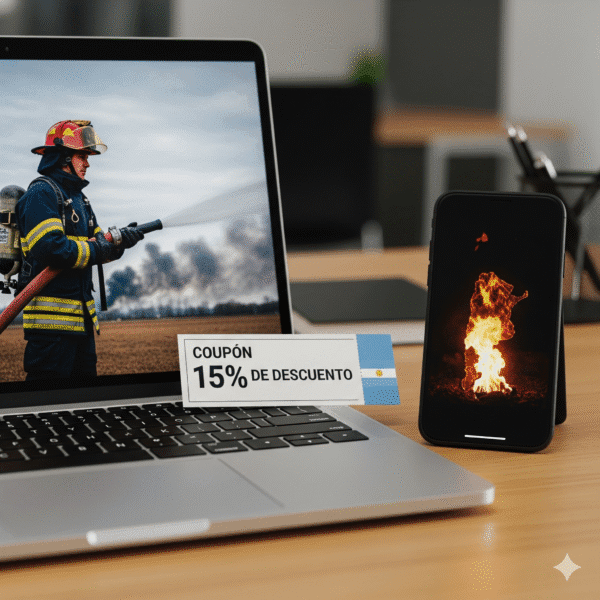 Una laptop en un escritorio, con la pantalla que muestra a un bombero. Un cupón con un 15% de descuento está pegado en la pantalla. Un smartphone al lado del portátil muestra un video con una llama de fuego. La imagen simboliza un apoyo estratégico que se traduce en un cupón de descuento y un video de marca.